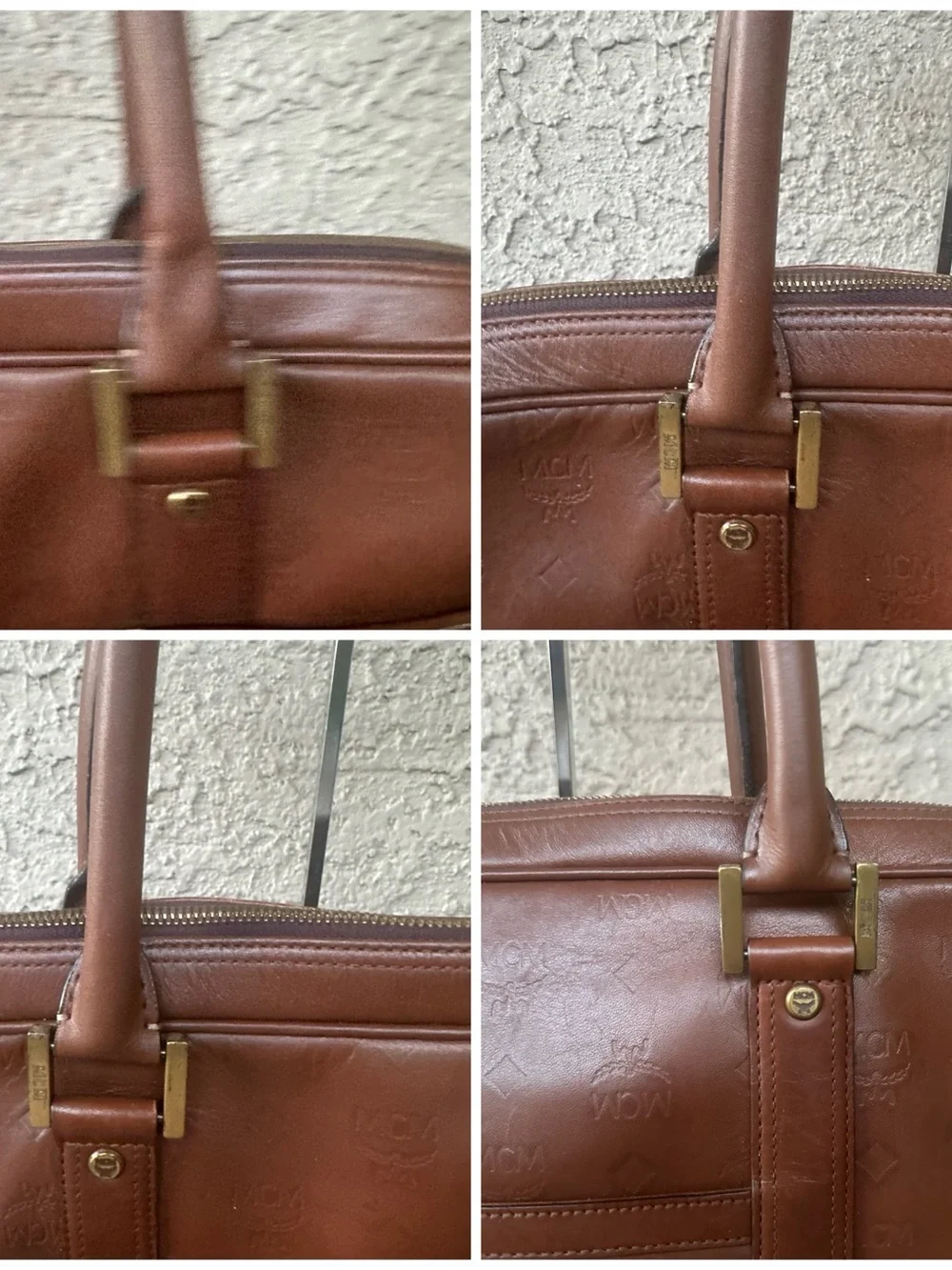 MCM Cognac Leather Briefcase with Gold Plaque